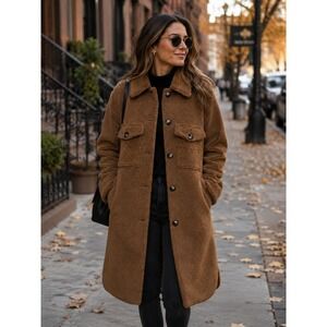 Rebecca Minkoff Sherpa Teddy Long Jacket Womens Medium Brown Longline Coat